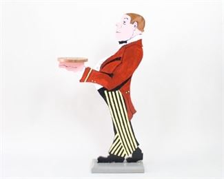 Lot 33: Folk Art Painted Wood Silent Butler Stand,Side Table. Folk art butler stand, painted in bright colors, holding a wooden tray. Could be used as a side table, hallway catchall, plant stand or a fun addition to a hotel or retail store. Acquired in the 1970s, Great Barrington, Ma. From the collection of Barbara Porter & Robert Wincuinas.

Dimensions are 41.5 in h x 22 in w x 8 in d. Condition is good. Overall surface wear and some minor discolorations. Please call or email for a detailed condition report.