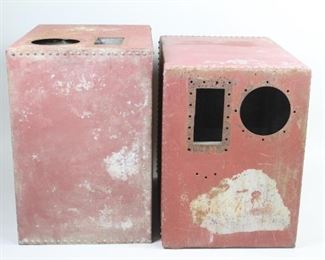 Lot 40: 2 Metal Industrial Containers,Planters,Side Tables. A pair of interesting metal containers with cut out rectangular and circular holes. The edges are riveted. Would make for some funky side tables, planters or plant stands.

Dimensions are 30 in h x 27 in w x 20.5 in d. Condition is fair. major wear throughout. Chipped paint and surface oxidation. Please call or email for a detailed condition report.