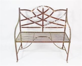 Lot 44: Wrought Iron Loveseat Garden Patio Outdoor Bench. A charming two seater garden bench with a woven back design and great patina. Perfect on a patio or in a garden.

Dimensions are 40.25 in h x 40 in w x 19 in d. Condition is fair. Surface oxidation, wear, rust and discoloration throughout. Please call or email for a detailed condition report.