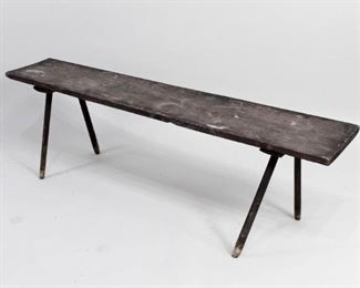 Lot 53: Primitive 19th C 5 Ft Plank Bench w/Stick Legs,Country. Simple bench is made of a single plank of wood. Stick legs are attached with 2 beveled crosspieces underneath; square nails hold the crosspieces to the plank. Wonderful bench for your country mudroom or entryway.
Dimensions are 18 in h x 60 in w x 11 in d. Condition is good with wear to the wood, stains and heavy wear to the feet. Please call or email for a detailed condition report.