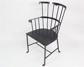 Lot 55: Metal Barrel Back Windsor Style Garden Patio Armchair. An elegant black painted wrought iron Windsor chair with high back. Perfect for a patio or garden.

Dimensions are 28 in h x 21.25 in w x 18 in d. Condition is good to very good. Please call or email for a detailed condition report.