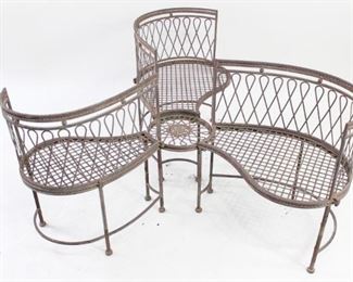 Lot 62: 3-Seat Spiral Tete A Tete Garden Patio Metal Chairs. These three curved-back chairs are bolted to a small central circular platform to form a spiral-shaped tete-a-tete or conversation chair for three persons. An elegant shape for your garden, patio, or other outdoor area, with ornate metalwork design.

Dimensions are 29 in h x 56 in w x 56 in d. Condition is good to fair, with minor surface wear, rusted spots, and patina throughout. Please call or email for a detailed condition report.