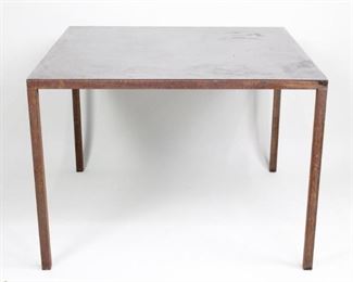 Lot 69: Handmade Welded Steel Modern Industrial Square Table. A solid metal table with square steel legs welded to square steel top support, with a thin sheet metal surface that appears galvanized or treated to discourage rust. Would work well in a garden or outdoor setting, or a modern, industrial, or minimalist interior. Built to last, with a nice patina of rust and stains to prove that it has.

Dimensions are 28 in h x 39 in w x 39 in d. Condition is good, with surface rust especially to legs, and marks and stains on table top. Please call or email for a detailed condition report.