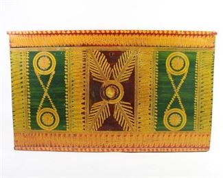 Lot 84: 20th C Painted Guatemalan Small Wooden Folk Art Chest. Lovely little chest, painted in bright red, green and yellow patterns. Comes with a lock and key. Stamped "made in Guatemala" on the back. Acquired in the 1970s, Guatemala. From the collection of Barbara Porter & Robert Wincuinas.

Dimensions are 17 in h x 29 in w x 17 in d. Condition is good to very good. Overall surface wear. Some discoloration. Please call or email for a detailed condition report.