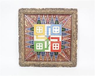 Lot 87: Handmade Reverse Glass Painted Ludo Parcheesi Pachisi Game Board Folk Art. A stunning handmade reverse-glass painted game board with a design for the game Ludo, a variation on Parcheesi based on the ancient Indian game Pachisi. Crimson and gold painted decorative sawtooth border alternating with colorful plaid patterns. Framed in a highly ornate gilt wood frame, which may have the added benefit of keeping dice from rolling away if used for gameplay, though this lush specimen is definitely fit for display.

Dimensions are 24.25 in h x 24.25 in w x 1 in d. Condition is good, with some minor paint loss, surface wear, and chips out of frame. Please call or email for a detailed condition report.
