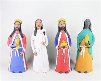 Lot 93: Lot of 4 Terra Cotta Mexican Folk Art Nativity Figures. Well formed figures are made of red ceramic and vibrantly painted. Includes a shepherd,  2 red and blue kings, and an angel. Wonderful group to add to your Christmas decorations. Circa early 1980’s, Mexico. From the collection of Barbara Porter & Robert Wincuinas.

Dimensions are roughly 21 in h x 7 in w x 7 in d. Condition is good though the angel has a cracked wing. Please call or email for a detailed condition report.