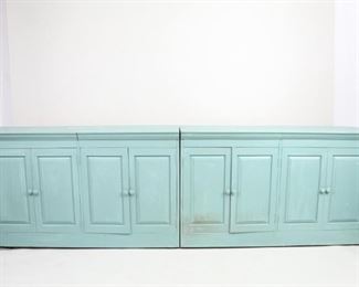 Lot 97: Handmade Robin's Egg Blue 2-Piece Cabinet Cupboard. Full width is 111 inches or approximately 9.25 feet. Inner compartments have three shelves for ample storage. Painted a nice robin's egg blue, including top surface rimmed with a piece of trim. Sturdily built of solid wood.

Dimensions are 34 in h x 111 in w x 17.5 in d. Condition is good, with minor wear to paint and some stains. Please call or email for a detailed condition report.
