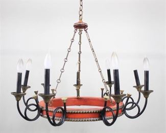 Lot 100: Brass & Red Metal 9-Light hanging Light Chandelier. A chandelier in  painted metal with brass details. The circular frame is painted red with a brass stud trim. The nine arms are shaped as simple French horns and holds the black painted light sockets. Beautiful chain design and details throughout.

Dimensions are 32 in h x 29 in w. Condition is good. Wear to metal. Brass trim a bit loose. The lamp has not been tested for function, may need to be rewired. Please call or email for a detailed condition report.