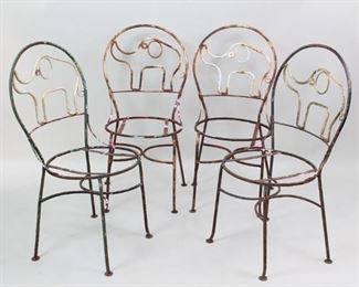 Lot 115: Set/4 Garden Outdoor Iron Cafe Chairs w/Elephant Backs. Matching chairs each have an adorable elephant on the back. While they need seats, this delightful set will look wonderful in your garden or patio.
Dimensions are 35 in h x 17.5 in w x 17.5 in d. Condition is as-is with seats missing, surface rust, chipped paint, and splattered paint. Please call or email for a detailed condition report.