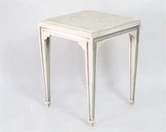 Lot 126: Neoclassical Style Side Table w/Faux Speckled Stone Top. A wooden side table in cream white/gray with painted details in metallic silver. Faux stone painted top with a light blue "inlay" decor. Great side or small coffee table.

Dimensions are 26.5 in h x 20 in w x 20 in d. Condition is fair. Surface wear and paint chipping throughout. Please call or email for a detailed condition report.
