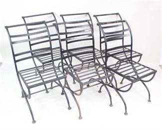 Lot 125: 6 Modern Metal Outdoor Garden Patio Dining Chairs. A modern garden dining chair set in black painted metal. Slatted seats and curved backs. A great set for garden or patio.

Dimensions are 34.5 in h x 17.75 in w x 23.25 in d. Condition is fair. Significant surface oxidation and paint chipping. Condition varies from chair to chair. Please call or email for a detailed condition report.