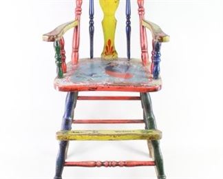 Lot 129: Colorful Folk Art Painted Windsor High Chair Peter Hunt. Adorable wooden high chair, colorfully painted by Cape Cod Folk Artist Peter Hunt (1896-1967), though no signature is found. Chair has turned wood legs and back spindles. Entire chair is skillfully painted in bright hues of yellow, green, blue, red and turquoise with an angel and bird on the seat.
Dimensions are 40.25 in h x 20 in w x 20 in d. Condition is fair to good with paint loss and wear to the wood. Please call or email for a detailed condition report.

