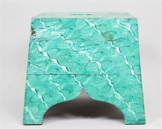 Lot 128: Wooden Green-Painted Step Foot Stool Box,Folk Art. A sweet and funky hand made little step stool in wood. White painted base with a green wave pattern painted on top. Handle hole at top and nicely arched legs. A bright kitchen or library addition.

Dimensions are 16.75 in h x 19.5 in w x 19.5 in d. Condition is fair. Integrity is sound. Paint chipping throughout. Some discoloration. Some boards slightly splitting around base. Please call or email for a detailed condition report.