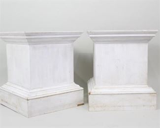 Lot 130: Pair Column Pedestal Display Plant Stands,Side Tables. A pair of white painted pedestal display stands in plywood. Made in a classical shape with a profiled base and top. Perfect for a retail store, display art or plants or use as side tables.

Dimensions are 25 in h x 21.5 in w x 21.5 in d. Condition is fair. Scratches and discoloration throughout. Please call or email for a detailed condition report.