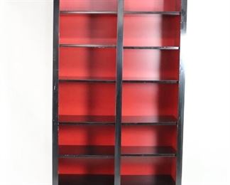 Lot 134: Massive 7 Shelf Red & Black Shelving Unit, Bookcase. Huge and tall bookshelf is made of wood painted black, with the backdrop and back painted contrasting bright red. So much storage available in this impressive piece of furniture. Can be disassembled for transport. One of two similar pieces in this auction, with slightly different widths.
Dimensions are 103.75 in h x 51.25 in w x 22.5 in d. Condition is good with wear to paint and wood. Please call or email for a detailed condition report.