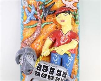 Lot 137: Michel Sinvil Haitian Papier Mache Relief Sculpture. Wonderful artwork made in papier maché by Haitian artist Michel Sinvil. Depicting a man and a donkey walking on a beach. Signed on back of donkey. Acquired in the 1980s, Haiti. From the collection of Barbara Porter & Robert Wincuinas.

Dimensions are 35 in h x 23 in w x 4 in d. Condition is good. Surface wear and paint chipping in some spots. Please call or email for a detailed condition report.