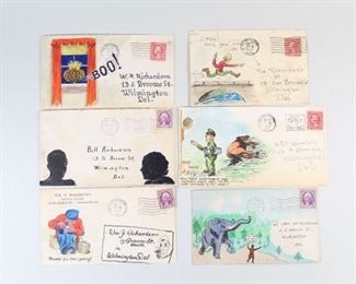 Lot 153: Lot of 6 Illustrated Comic Envelopes,Letter,1930s (1/7). Lot of six illustrated envelopes from the 1930s, all addressed to "The Richardson's," "Bill Richardson" or "William Richardson" in Wilmington, DE. Wonderful and humorous comic like illustrations with witty captions. Variously illustrated and depicting an elephant, horse, oyster chukker, Halloween theme and more. A few include letters but most are empty. This is the first lot out of seven similar lots featured in this auction.

Dimensions are 3.5 in h x 6.5 in w. Condition is very good. Paper is discolored. Overall minor surface wear. Please call or email for a detailed condition report.