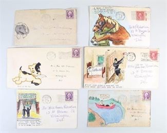 Lot 154: Lot of 6 Illustrated Comic Envelopes,Letter,1930s (2/7). Lot of six illustrated envelopes from the 1930s, all addressed to "Bill Richardson" or "William Richardson" in Wilmington, DE. Wonderful and humorous comic like illustrations with witty captions. Variously illustrated and depicting, among others, a man and horse, elephant, dog and two men in a boat going over a waterfall. A few include letters but most are empty. This is the second lot out of seven similar lots featured in this auction.

Dimensions for the smallest envelope are 3.75 in h x 5.75 in w. Dimensions for the largest envelope are 4 in h x 7.25 in w. Condition is very good. Paper is discolored, some minor stains and wear to edges. Please call or email for a detailed condition report.