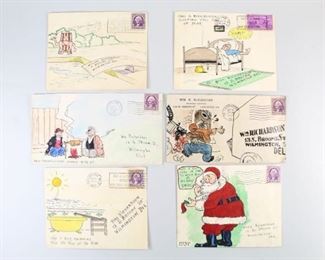 Lot 155: Lot of 6 Illustrated Comic Envelopes,Letter,1930s (3/7). Lot of six illustrated envelopes from the 1930s, all addressed to "Bill Richardson" or "William Richardson" in Wilmington, DE. Wonderful and humorous comic-like illustrations with witty captions. Variously illustrated depicting, among others, Santa Claus, Thanksgiving, a bath tub and more. A few include letters but most are empty. This is the third lot out of seven similar lots featured in this auction.

Dimensions for the smallest envelope are 4.5 in h x 5.5 in w. Dimensions for the largest envelope are 3.75 in h x 7.25 in w. Condition is very good. Discoloration and some stains. Overall minor surface wear. Please call or email for a detailed condition report.