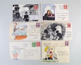 Lot 156: Lot of 6 Illustrated Comic Envelopes,Letter,1930s (4/7). Lot of six illustrated envelopes from the 1930s, all addressed to "Bill Richardson" or "William Richardson" in Wilmington, DE. Wonderful and humorous comic-like illustrations with witty captions. Variously illustrated depicting, among others, a train, castle, gnome, Valentines and more. A few include letters but most are empty. This is the fourth lot out of seven similar lots featured in this auction.

Dimensions for the smallest envelope are 3.75 in h x 5.75 in w. Dimensions for the largest envelope are 3.5 in h x 6.5 in w. Condition is very good. Overall minor surface wear and some discoloration. Please call or email for a detailed condition report.