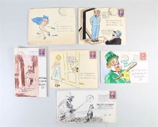 Lot 157: Lot of 6 Illustrated Comic Envelopes,Letter,1930s (5/7). Lot of six illustrated envelopes from the 1930s, all addressed to "Bill Richardson" or "William Richardson" in Wilmington, DE. Wonderful and humorous comic-like illustrations with witty captions. Variously illustrated depicting, among others, St Patrick's, Granada, a hanged man and more. A few include letters but some are empty. This lot includes three pencil drawings of a somewhat graphic nature. This is the fifth lot out of seven similar lots featured in this auction.

Dimensions for the smallest envelope are 3.75 in h x 5.75 in w. Dimensions for the largest envelope are 4 in h x 7 in w. Condition is very good. Overall minor surface wear, discoloration and worn edges. Please call or email for a detailed