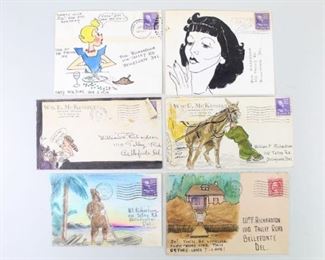 Lot 158: Lot of 6 Illustrated Comic Envelopes,Letter,1930s (6/7). Lot of six illustrated envelopes from the 1930s, all addressed to "Bill Richardson" or "William Richardson" in Wilmington, DE. Wonderful and humorous comic-like illustrations with witty captions. A few include letters but some are empty. This is the sixth lot out of seven similar lots featured in this auction.

Dimensions for the smallest envelope are 3.75 in h x 5.25 in w. Dimensions for the largest envelope are 4.25 in h x 6.25 in w. Condition is very good. Overall minor surface wear, discoloration and worn edges. Please call or email for a detailed condition report.
