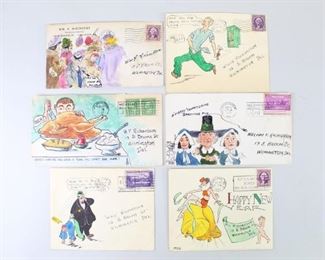 Lot 159: Lot of 6 Illustrated Comic Envelopes,Letter,1930s (7/7). Lot of six illustrated envelopes from the 1930s, all addressed to "Bill Richardson" or "William Richardson" in Wilmington, DE. Wonderful and humorous comic-like illustrations with witty captions, including scenes of Thanksgiving and New Years celebrations. A few include letters but some are empty. This is the seventh lot out of seven similar lots featured in this auction.

Dimensions for the smallest envelope are 4.5 in h x 5.75 in w. Dimensions for the largest envelope are 3.75 in h x 7 in w. Condition is very good. Overall minor surface wear, discoloration and worn edges. Please call or email for a detailed condition report.