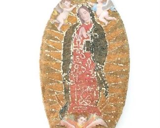 Lot 163: Mexican Folk Art 1940s Processional Madonna Figure 3/3. Beautiful Madonna with angels is on a bamboo frame covered with dried flowers and hand painted face and angels. Acquired in Oaxaca Mexico in 1984. There are 3 processional figures in this auction, listed separately. Exquisite figures to display as sculpture. From the collection of Barbara Porter & Robert Wincuinas.

Dimensions are 68 in h x 21 in w. Condition is good. Please call or email for a detailed condition report.