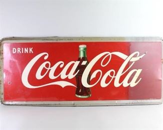 Lot 168: Drink Coca Cola Tin Sign,Bottle Graphic. This vintage Coca Cola advertisement features the usual exhortation to "Drink Coca Cola" as well as a less common image of a full glass bottle in the middle, made with a greenish paint to match the glass of that era. Marked Robertson 55, lower right. 

Dimensions are 24.25 in h x 59.25 x 1.25 in d. Condition is fair, with dents throughout, rust forming on edges, and paint chipping in places. The right quarter of the front shows discoloration, probably from exposure during real-life installation. Please call or email for a detailed condition report.