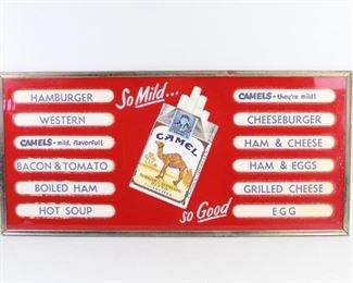 Lot 174: Vintage Camel Cigarettes Metal Advertising Menu Sign. Framed display has reverse-painted glass with center showing art of pack of "Camel Turkish & Domestic Blend Cigarettes" with slogans "So Mild..." and "So Good" in reverse-painted text above and below. Display also 12 long oval slots for displaying interchangeable menu board listings of items for sale. Unfilled slots feature Camel slogans. This example has various burgers, breakfast items, and soups, suggesting this once hung in a diner.

Dimensions are 13 in h x 28 in w x .5 in d. Condition is good, consistent with age, with red paint chipping throughout, minor discoloration, and oxidation on frame. Chain on back for hanging. Please call or email for a detailed condition report.