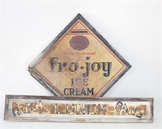 Lot 175: Pair of Metal Advertising Signs,Fro-Joy Ice Cream,Lunch. Metal signs are weathered and include a diamond shaped Fro-Joy Ice Cream with wooden frame, and one rectangular "Ruth Anns Lunch" which originally said "Restaurant."
Dimensions are 35.75 in h x 35.75 in w x 1.5 in d for Fro-Joy and 12 in h x 71.25 in w x 1.5 in d for Ruth Anns Lunch. Condition is fair with significant paint wear and rust. Left corner of Fro-Joy wood frame is rotted. Please call or email for a detailed condition report.