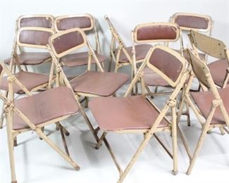 Lot 180: Lot of 30 Mid-Century Modern Industrial Folding Chairs. Lot of thirty folding chairs in yellow/beige painted metal with brown vinyl upholstered seats and backs. Great set of extra chairs for parties or a cafe.

Dimensions are 30 in h x 17 in w x 17 in d. Condition is fair/good. Wear to vinyl throughout. Especially back of seats. Wear and paint loss to metal. Minor rust. Please call or email for a detailed condition report.