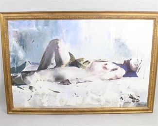 Lot 192: Balcomb Greene Modern Male Nude Figural Painting 2/2. A wonderful Balcomb Greene (American, 1904-1990) impasto style painting on canvas depicting a nude sunbathing in a rocky coast landscape. Mounted in a beautiful ornate wooden gold frame. Listed by the same consignor is Lot #191, a signed Balcomb Greene painting.

Dimensions are 37.25 in h x 56 in w x 1.75 in d. Condition is very good. Minor wear to wood. Please call or email for a detailed condition report.