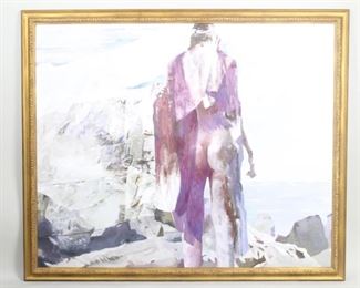 Lot 191: Framed Balcomb Greene Modern Nude Figural Painting 1/2. A wonderful Balcomb Greene (American, 1904-1990) impasto style painting on canvas depicting a nude standing in a rocky coast landscape. Signed Balcomb Greene in the lower right corner and mounted in a beautiful ornate wooden gold frame. Listed by the same consignor is Lot #192 , an unsigned Balcomb Greene painting.
Dimensions are 51 in h x 61 3/4 in w x 2 in d. Condition is very good. Please call or email for a detailed condition report.