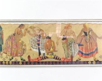 Lot 193: Salcia Bahnc (American, 1896-1979) Rites of Spring Modern Painting. With inspiration and reference to Botticelli's renaissance painting "Primavera," this seven foot long painting, titled "Rites of Spring" relates and anchors the subject matter both in contemporary culture and tradition. Ten figures throughout the scene, framed by a top and bottom border. Signed "Salcia Bahnc" in top right corner. Mounted in a silver colored wood frame with label on back from "Penn Academy of Fine Arts."

Dimensions are 22 in h x 86 in w x 2 in d. Condition is very good. Wear to frame. Please call or email for a detailed condition report.