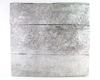 Lot 196: Factory Paint Splatter Board,Industrial Found Object 3/3. Massive wooden panel is made of 3 planks, with 2 crossbars on the back holding it together. Front surface is encrusted in gray paint; crazing and texture add to the industrial feel. We have 3 of these in this auction; the other 2 are listed separately. Display as art, or use as a backdrop.
Dimensions are 34 in h x 36.25 in w x 1.75 in d. Condition is good with cracks and crazing in paint throughout. Please call or email for a detailed condition report.