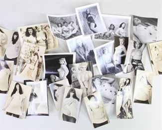Lot 200: 26 Vintage 1950s B&W Female Topless Nude Photographs. Lot with sexy vintage pin-up style nude photographs of women of different sizes. Some full nudes, others in lingerie or various states of undress. From the 1950s-1960s.

Dimensions for the smallest are 3.5 in h x 2 in w. Dimensions for the largest are 5 in h x 4 in w. Condition is very good. Minor wear. Some photos are curling. Some discoloration. Wear to some corners and edges. Please call or email for a detailed condition report.