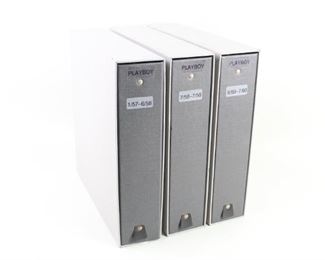 Lot 202: Collection 42 Playboy Magazines 1957-60 VG in Binders. From the classic early period of the publication, featuring discreet nudity and articles by celebrated authors of the time. This lot includes the December 1959 edition, with stories by Jack Kerouac, Alberto Moravia, Roald Dahl, and Max Schulman, the November 1958 edition with cover showing Brigitte Bardot on a ski lift, and the October 1959 with Kim Novak on the cover, as well as many more collectible issues, though not every issue in the binders' labeled date range is included.

Dimensions of magazines are 11 in h x 8.5 in w x .25 in d. Binders are 12 in h x 12 in w x 3 in d. Condition is very good, with minor wear and discoloration, some creasing on edges and bumped corners. All magazines are in protective sleeves. Please call or email for a detailed condition report.