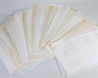 Lot 205: 100+ Erotic Drawings, Fantasy Porn Outsider Art 5/7. Drawings depict what appears to be a repeating cast of characters in various suggestive poses and situations. Very lightly drawn on thin tracing paper, possibly intended as studies or eventual transfers for a work of adult fiction. Some include handwritten notes in German. The fifth of seven similar lots in this auction.

Dimensions of individual pages are 12 in h x 9 in w. Condition is good, with surface wear and discoloration, worn edges, and faded pencil markings. Please call or email for a detailed condition report.