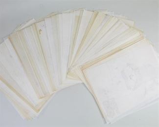 Lot 207: 100+ Erotic Drawings, Fantasy Porn Outsider Art 3/7. Drawings depict what appears to be a repeating cast of characters in various suggestive poses and situations. Very lightly drawn on thin tracing paper, possibly intended as studies or eventual transfers for a work of adult fiction. Some include handwritten notes in German. The third of seven similar lots in this auction.

Dimensions of individual pages are 11 in h x 9 in w. Condition is good, with surface wear and discoloration, worn edges, and faded pencil markings. Please call or email for a detailed condition report.