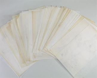 Lot 209: 100+ Erotic Drawings, Fantasy Porn Outsider Art 1/7. Drawings depict what appears to be a repeating cast of characters in various suggestive poses and situations. Very lightly drawn on thin tracing paper, possibly intended as studies or eventual transfers for a work of adult fiction. Some include handwritten notes in German. The first of seven similar lots in this auction.

Dimensions of individual pages are 11 in h x 9 in w. Condition is good, with surface wear and discoloration, worn edges, and faded pencil markings. Please call or email for a detailed condition report.