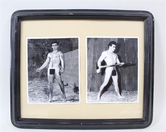 Lot 211: 2 Framed Original Bruce of LA B&W Gay Nude Male Photos. Two  photos by legendary Bruce Bellas of LA share a single black frame. One photo is of a man standing on a brick patio; the other in a barn holding a pickaxe. From the collection of contemporary artist Cary Leibowitz. Please note that the black boxes are for this internet posting and are not on the photographs.
Dimensions of the frame are 17.5 in h x 21 in w x 1.5 in d. Condition is very good with minor surface wear to the frame. Please call or email for a detailed condition report.