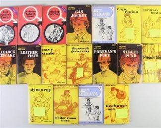 Lot 213: Collection 38 Gay Pulp Fiction Novels Erotica Lit Books. This lot includes rare books from what some consider the the golden age of gay pulp fiction and homoerotic literature. Originally sold as mass market paperbacks, many of the books were authored anonymously and come with covers featuring art in the style of Tom of Finland. The nature of these books' content and the way such materials circulated in US subcultures makes physical copies like these hard to come by. This lot includes some rare titles like Jewel, by F.E. Campbell (Hit Publications. Los Angeles: House of Milan [HOM, Inc], 1978.), Prison Slave. (Macho Books, 1982), and many obscure titles only indexed within the catalogs of a few specific libraries. An instant starter collection, piece of history, and hours of reading pleasure.

Includes titles from publishers Finland Books (fin), Gay Times Book Club (NM), Adonis Classic (AC), HIS69, and more the following titles with publisher's reference number:

Tenderloin Hus