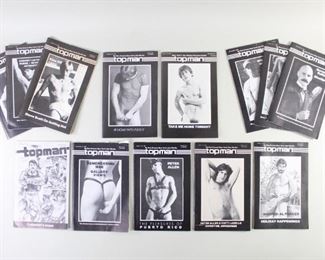Lot 214: Collection 13 Topman Gay Periodical 1980s New York. Topman was a short-lived publication that ran from 1980 to 1983, a period which coincides exactly with the apex of classic 80's New York, or what the Times once dubbed "36 months that changed the culture." The periodical, with the masthead slogan "No One Knows New York Like We Do," was marketed primarily to gay men but covered general NYC arts and culture of the time, with feature columns, erotic photography, astrology, as well as ads for off-off-Broadway theater, music concerts covering the transitional mix from disco to punk to hip hop (including the pictured back cover ad for an early Prince concert), and much more to help Topman earn the name it gave itself: "pleasure guide." Of interest to collectors of LGBTQ+ culture but also wider lovers of New York City. Browsing these pages is a plunge into a dynamic moment in history that was tragically cut short.

Dimensions of each book are 8.5 in h x 5.5 in w x .25 in d. Conditio