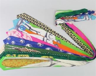 Lot 239: 8 Piero Fornasetti Milano Colorful Silk Neckties Ties. Luxurious lot of eight colorful and gorgeous 100% silk neckties designed by Piero Fornasetti, includes a nude female Greek statue, an ear of corn, lock & key, giraffe, peacock feathers & more. Labeled "Fornasetti Miilano - Made in Italy", five with tags still attached (3 do not have original tags.) From the collection of contemporary artist Cary Leibowitz.
Dimensions laid flat are 55.5 in h x  4 w x .25 in d. Condition is very good/excellent. Please call or email for a detailed condition report.