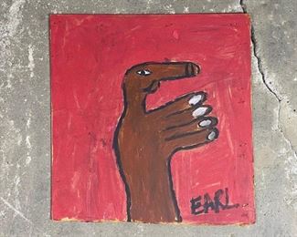 Lot 241: Earl Swanigan Outsider Art Hand Puppet Painting. Unusual painting by Hudson's most famous outsider artist, Earl Swanigan is painted on board, and signed in the bottom right corner. A hand is set against a red background.

Dimensions are 18.75 in h x 19.75 in w. Condition is good with general surface wear. Please call or email for a detailed condition report.