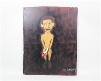 Lot 244: Earl Swanigan Naked Obama Cock Signed Painting Outsider Art.  On thin plywood, board signed at lower right front. This painting by famous Hudson outsider artist Earl Swanigan (American, 1964-2019), depicts US President Barack Obama wearing only shoes and holding the head and neck of a rooster over his groin. This visual pun places the work somewhere between the more lurid Swanigan compositions, often featuring animals, and his well-known celebrity portraits, of which Obama was a favorite subject. 

At 40x30 inches, this is one of the largest Swanigan portraits that has come up for auction. Dark background of artfully blended black and crimson, rendered with unusual care for the artist, creates a kind of aura around Obama and adds to the starkness of the piece, showing the celebrated man in all his human frailty.  A must for Swanigan collectors.

Dimensions are 40.25 in h x 31.75 in w x .25 in d. Condition is good, with with worn/raw edges, some chips throughout, and surface we