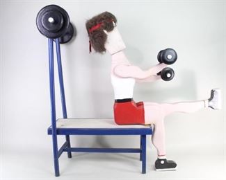 Lot 265: Carved Wood American Folk Art Sculpture,Weight Lifter. Wonderful large and colorful sculpture is made of carved wood with polychrome decoration. Dark haired weightlifter wears a headband, workout clothes and black Chuck Taylor Converse sneakers on a bench complete with wooden barbells and weights. Raised eyebrows and pursed mouth are an indication of the effort involved. Created in the early 1980's by New England outsider artist Robert Wincuinas after his friend named Rocky.
Dimensions are 37.5 in h x 20 in w x 41 in d for the bench and 37 in h x 11 in w x 29 in d for the weight lifter. Condition is very good with minor surface wear, a couple of small paint loss spots, some discoloration. Please call or email for a detailed condition report.