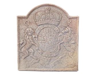 Lot 276: Cast Iron Charles Rex British Coat of Arms Fireback 1/2. Handsome fireback features the British Coat of Arms with the letters C and R on either side. Looks similar to those made for Colonial Williamsburg. There is another identical fireback listed separately in this auction. All of the firebacks in this auction were found locally in a barn; they show good age but we are unsure of their actual manufacture date.
Dimensions are 23.25 in h x 21.5 in w x 1 in d. Condition is fair with surface oxidation throughout. Please call or email for a detailed condition report.
