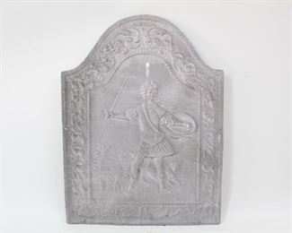 Lot 284: Cast Aluminum Fireplace Fireback w/Explorer w/Spear. Handsome fireback is decorated with an explorer with a spear in hand, with grapevines on either side. All of the firebacks in this auction were found locally in a barn; they show good age but we are unsure of their actual manufacture date.
Dimensions are 25.25 in h x 19 in w x .25 in d. Condition is good with some surface discoloration throughout. Please call or email for a detailed condition report.

